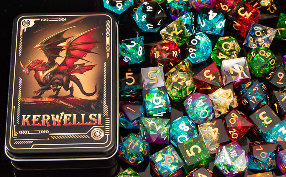 KERWELLSI Resin Sharp Edged DND Dice Set, 7pcs D&D Dice Set