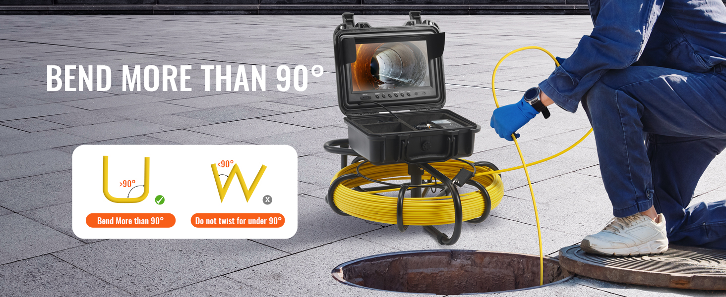 Il testo dice «PIEGA PIÙ DI 30°». Dimostrazione del sistema Drain Camera che mostra la manipolazione flessibile dei cavi sulla superficie del pavimento.