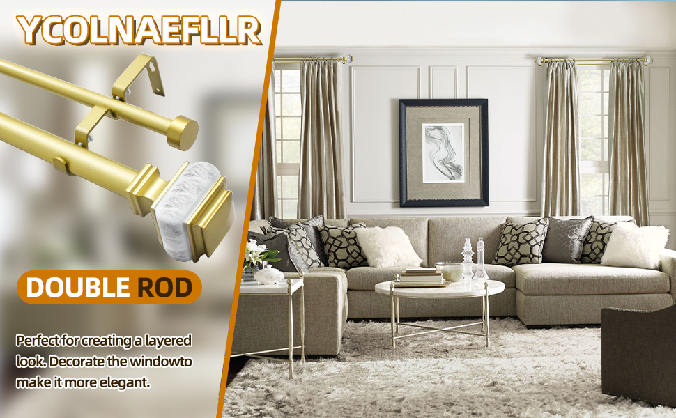 Ycolnaefllr 1 Inch Diameter Gold Double Curtain Rods for
