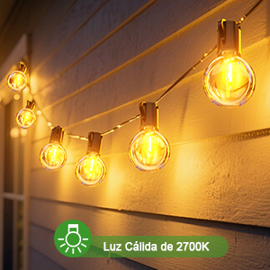 El texto dice «Imagen 6» y «Les CEE98 de 2700K». Cadena de bombillas iluminadas de estilo Edison que crean una iluminación ambiental cálida contra un techo blanco.