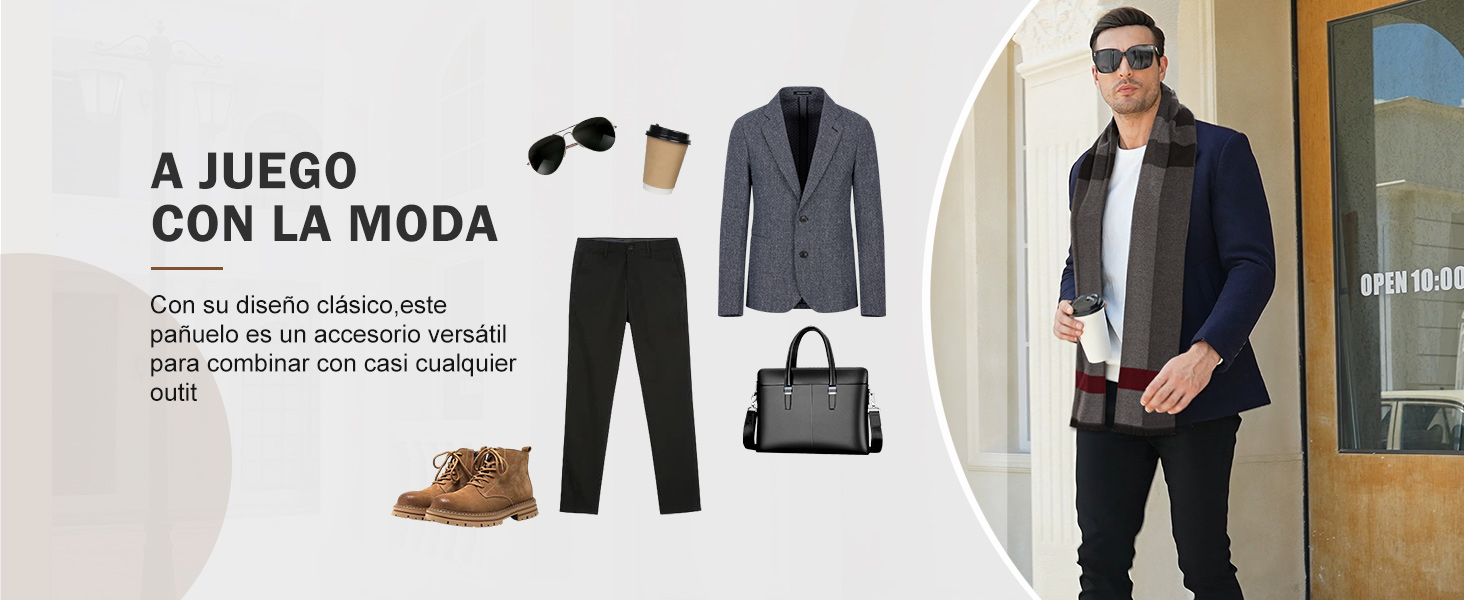 con un blazer gris, pantalones negros, zapatos marrones y un bolso negro. Un hombre con gafas de sol modela una chaqueta oscura