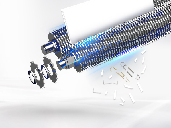 Exploded view of mechanical components showing metallic spiral rods and gears with blue lighting effects.