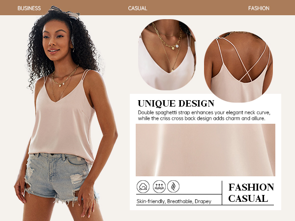Ekouaer Womens Silk Satin Camisole Tank Tops V Neck