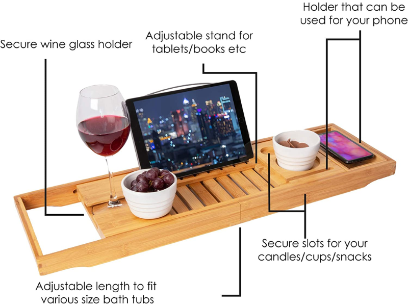 TRIXES Premium Bamboo Bath Caddy Extendable Luxury Home Spa