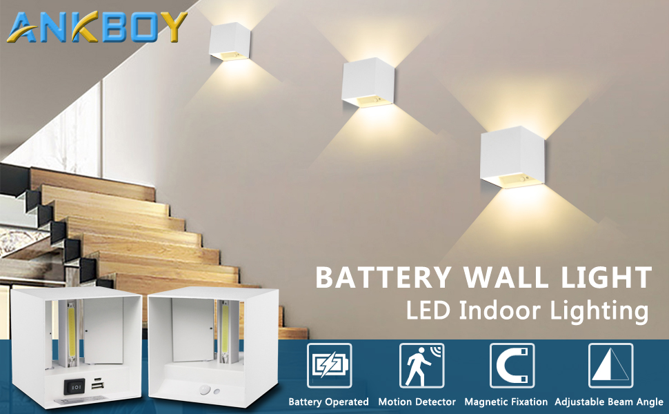 LED Battery Wall Lamps with Motion Detector, 2 Pack 6W Indoor Wall