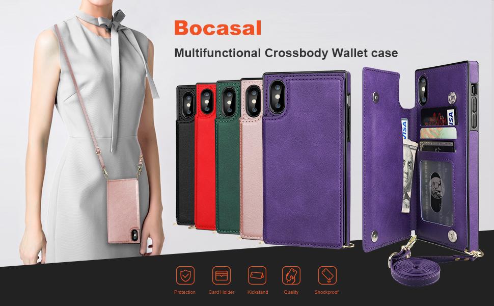 Bocasal Crossbody Wallet Case for iPhone X Xs Credit Card