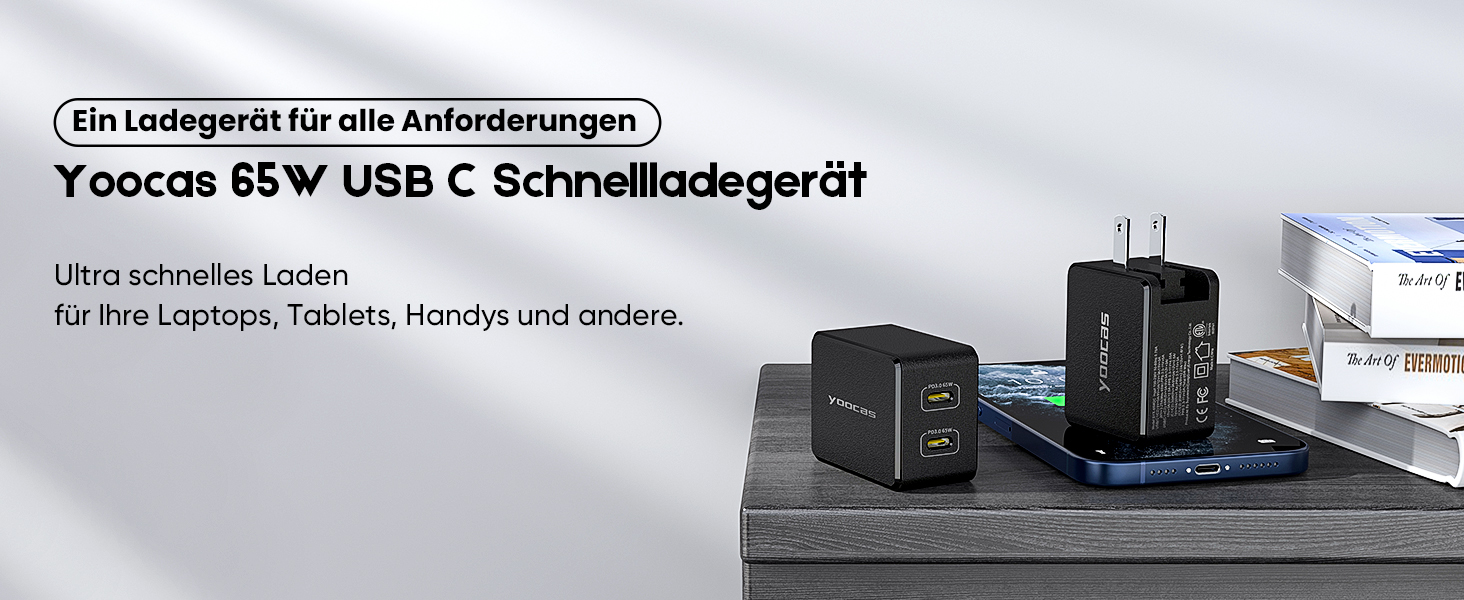 yoocas 65 W Charger USB C Fast Charger, 2Port USBC Power Supply, PD 3