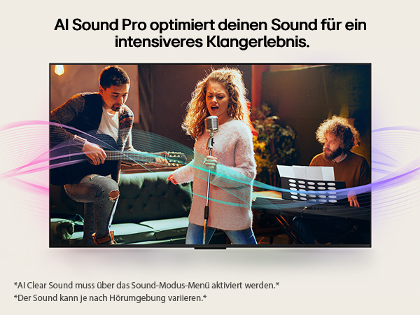 Klangwellen kommen von einem Sänger und zwei Musikern, um die AI Clear Sound-Qualität zu zeigen.