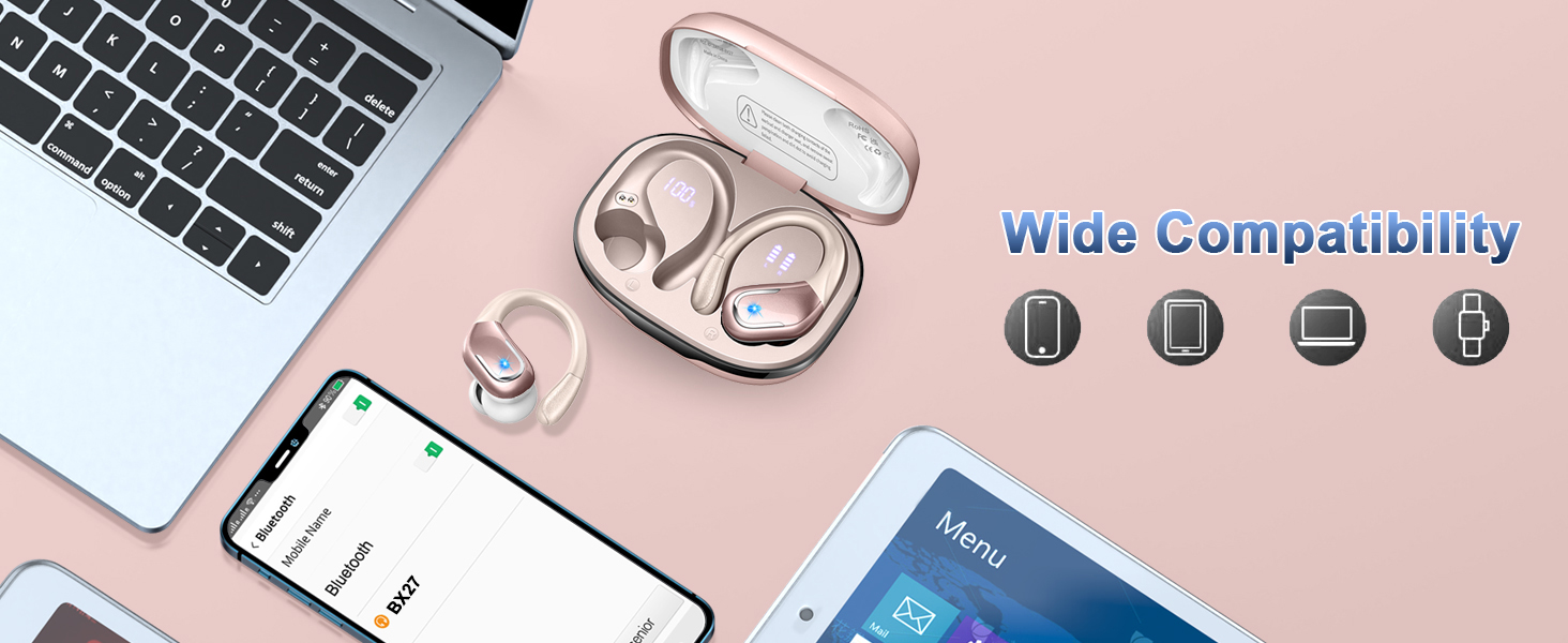 Wireless earbuds with charging case next to smartphone, laptop, and compatibility icons for various devices.