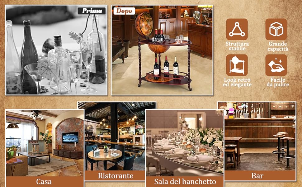 COSTWAY Mappamondo Bar Con Ruote Mobili Porta Liquori Minibar Portabottiglie, 88 X 70 X 45 Cm 16 1