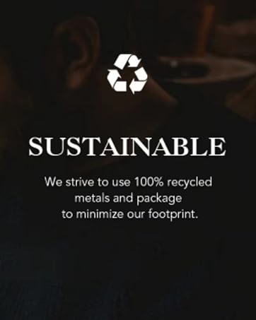 Dark background with white recycling symbol and text 'SUSTAINABLE'. Subtext states 'We strive to use 100% recycled metals and package to minimize our footprint.'