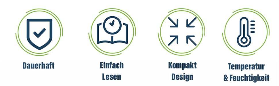Vier Symbole repräsentieren Produktmerkmale: Haltbarkeit (Schutzschild), einfache Lesbarkeit (Buch), kompaktes Design (Pfeile) und Temperatur-/Feuchtigkeitskontrolle (Thermometer).