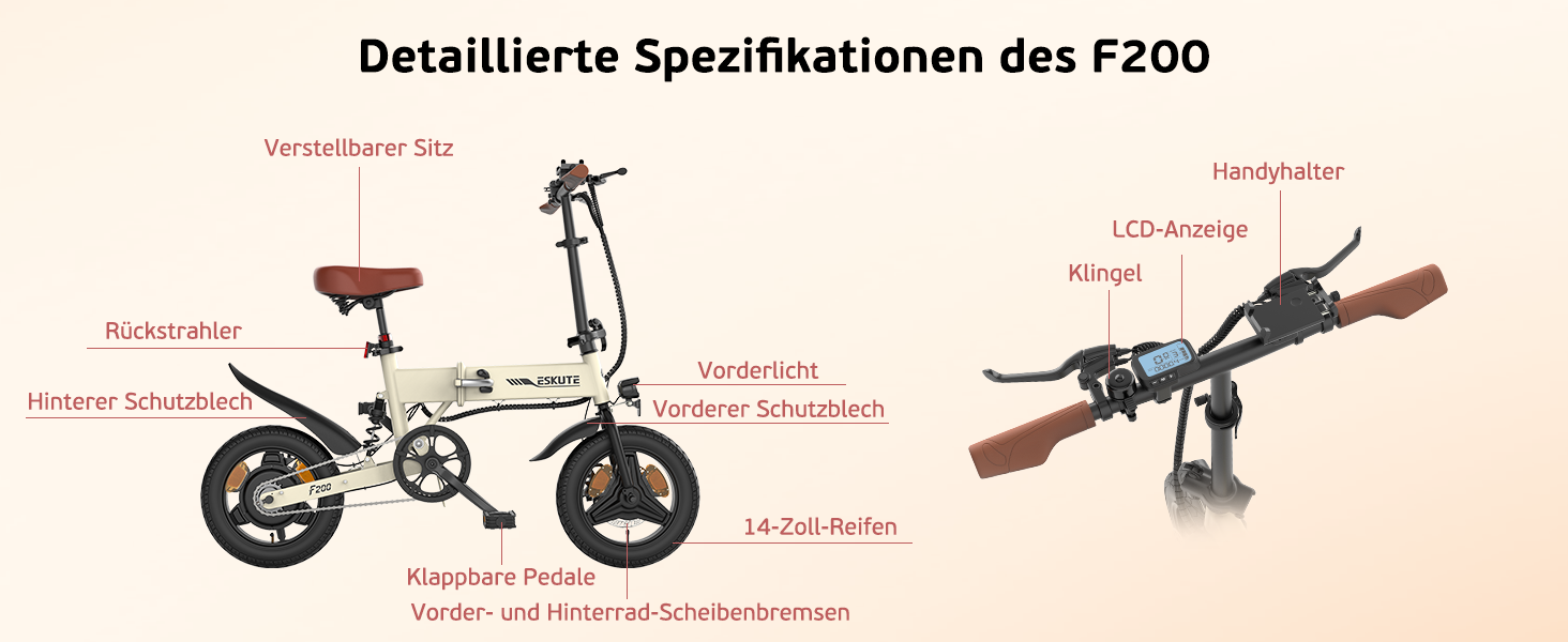 Technisches Diagramm eines Faltrads mit beschrifteten Teilen und Spezifikationen in fremdsprachigem Text.