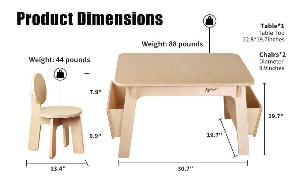 klotski Kids Table and 2 Chair Set, Wood Activity Toddler Table and Chair Set with