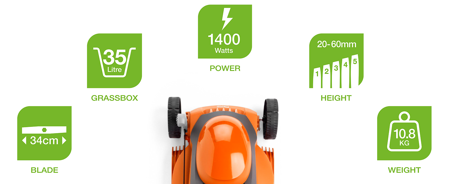 Utilising powerful specs for a neat lawn, 1400w, 34cm, 35L, 20-60mm