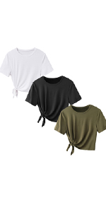  Women's Summer Crop Top Solid Short Sleeve Twist Knot Front Tee T-Shirt Casua