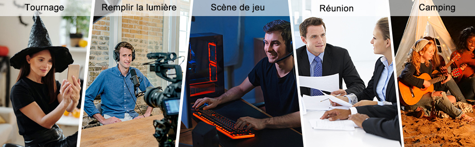 Image à cinq panneaux montrant diverses activités : tournage, jeux vidéo, réunion d'affaires et camping. Chaque panneau est surmonté d'une étiquette en français.