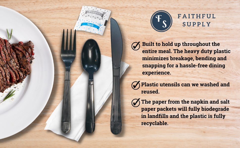 Faithful Supply 50 Black Plastic Silverware Sets, Plastic