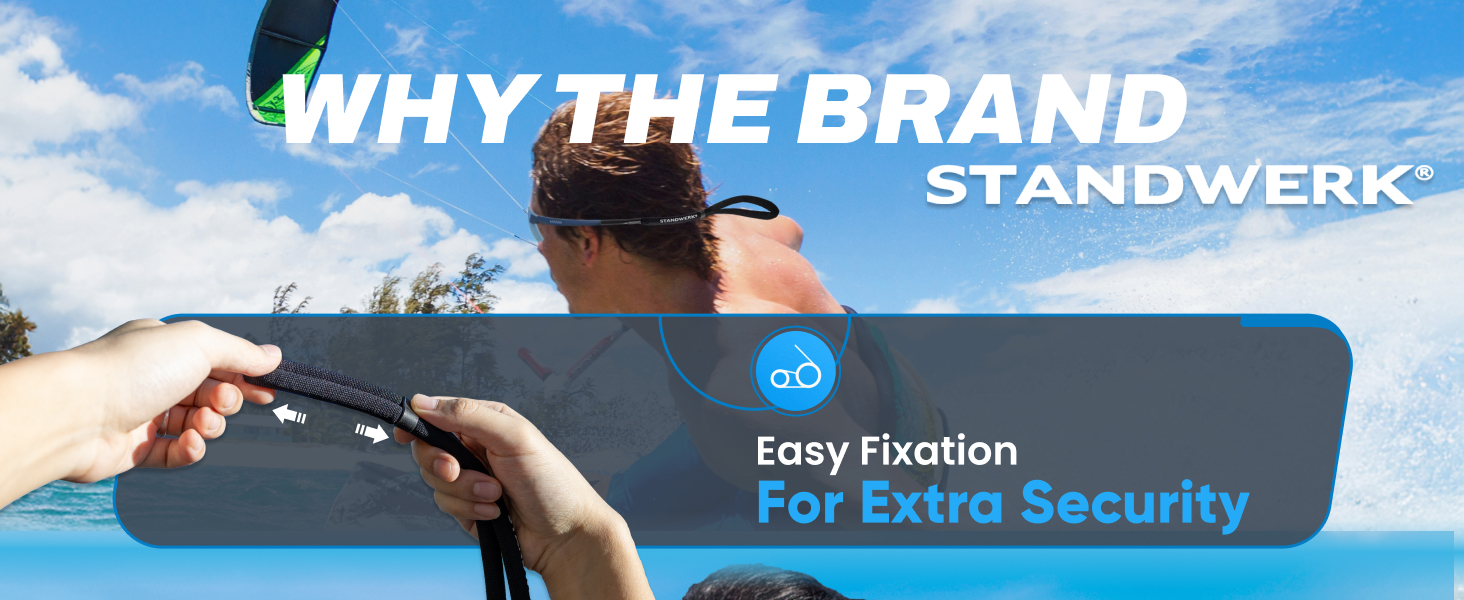 Kitesurfing scene with text overlay. Hands holding a black bar with blue attachment point. Text highlights 'Easy Fixation For Extra Security' feature of Standwerk brand equipment.