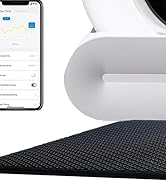 Smartphone with a fitness app interface featuring graphics and settings. White electronic device with a curved edge. Black textured mat or pad in the foreground.