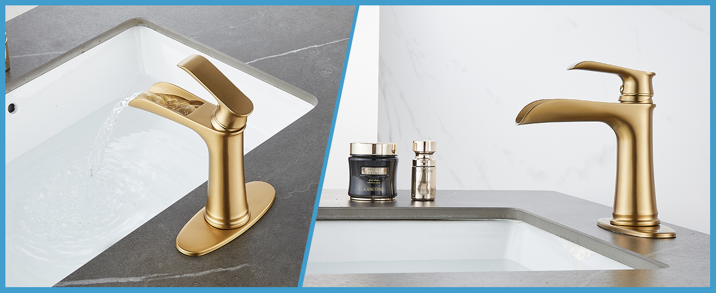 Brushed Gold Bathroom Faucet Single Hole, Modern Waterfall Bathroom