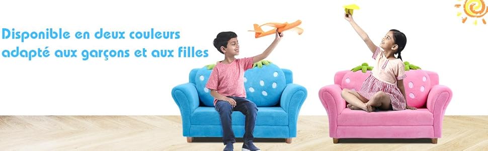 RELAX4LIFE Canapé Enfant 2 Places Avec Rembourrage En Éponge, Surface Peluche De Corail, Fauteuil Sofa Avec 2 Oreillers En Forme De Fraise Pour 3-7 Ans, 90X53X48 CM, Rose/Bleu (Bleu) 17 2couleurs
