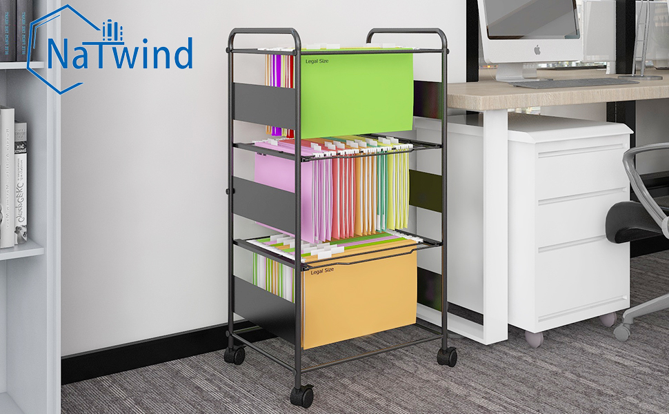 Natwind 3Tier Metal Rolling File Cart with Wheels for