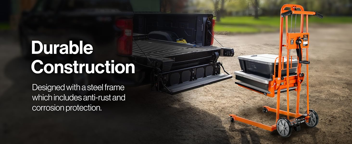 Orange industrial material lift with steel frame construction, featuring anti-rust protection and wheels for mobility, shown against outdoor background.