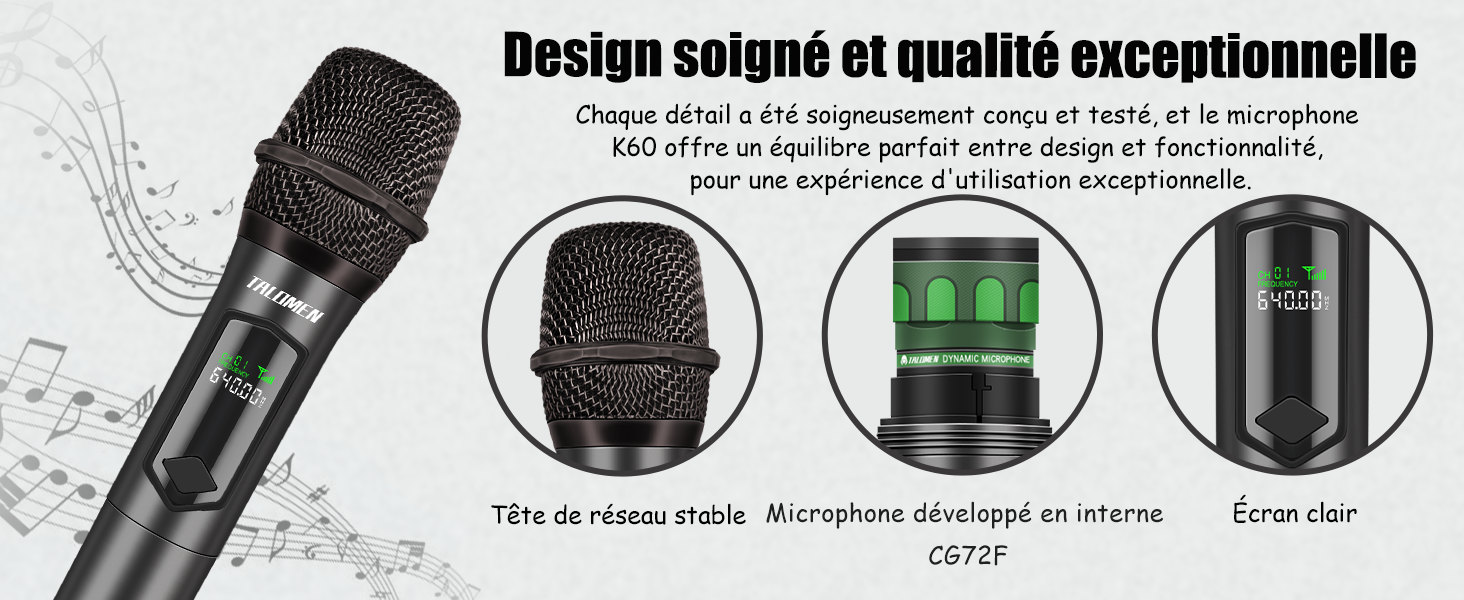 avec corps en métal et grille en maille. Trois images montrent une vue complète, un gros plan de la capsule et un profil latéral. Le texte français décrit la qualité du design.