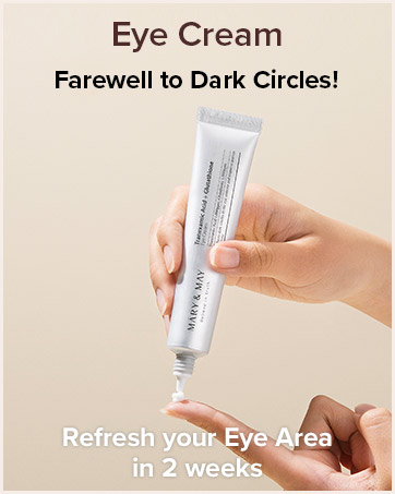 Hand holding white tube of eye cream. Text claims it reduces dark circles and refreshes eye area in 2 weeks. Product appears to have a metal applicator tip.