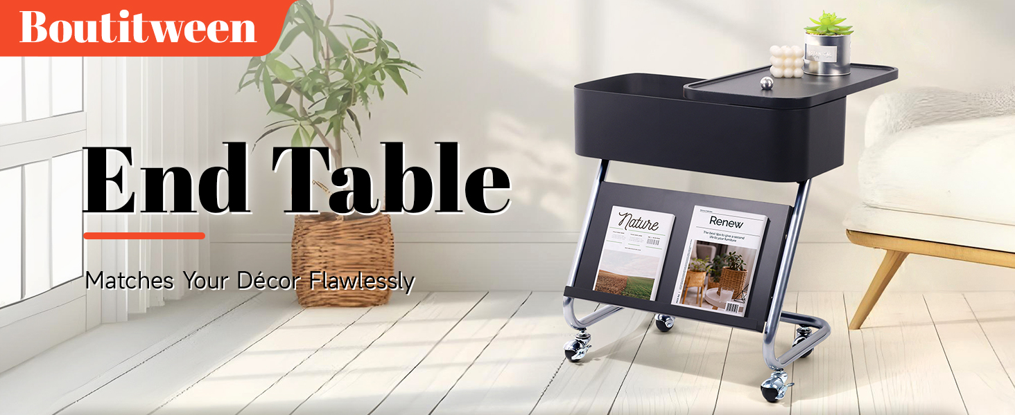 Boutitween End Table with Wheels, Mobile Couch Snack Side