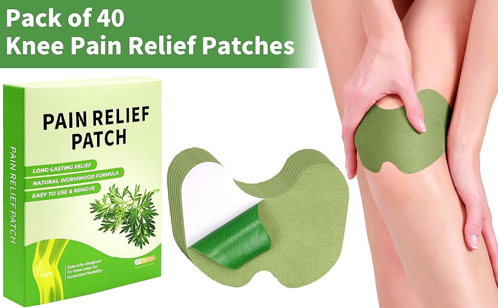 'Pack of 40 Knee Pain Relief Patches' shown in product packaging and application demonstration on knee area.
