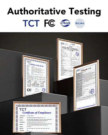 Display of multiple certification and testing documents mounted on dark wall, showing TCT, FCC, and other regulatory compliance certificates.