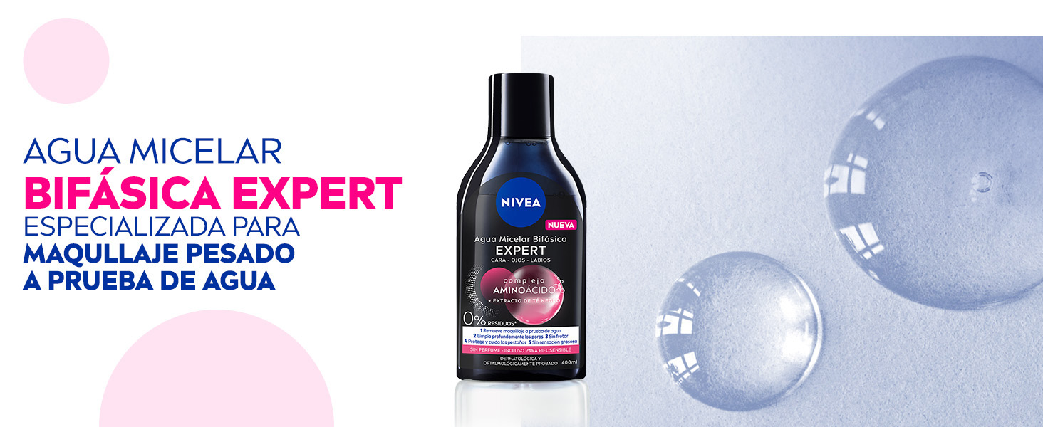 Agua micelar bifásica Expert para maquillaje pesado a prueba de agua