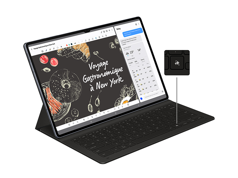 Le texte indique « Bonne année » sur la tablette avec étui de protection noir et attache clavier. L'application Calculatrice est visible à l'écran.