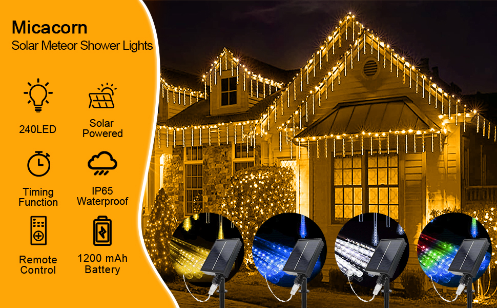 Micacorn Solar Meteor Shower Lights, 10 Tube 240 LEDs Meteor Christmas