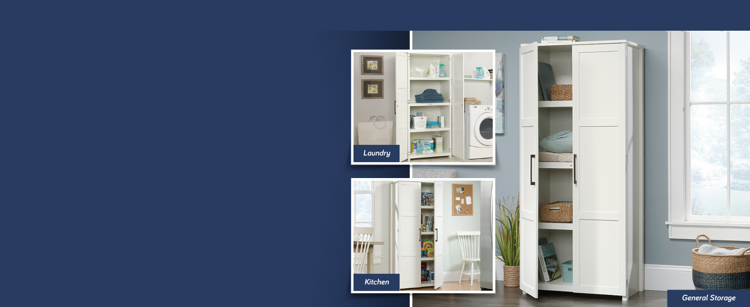 A double door storage cabinet shown with multiple uses