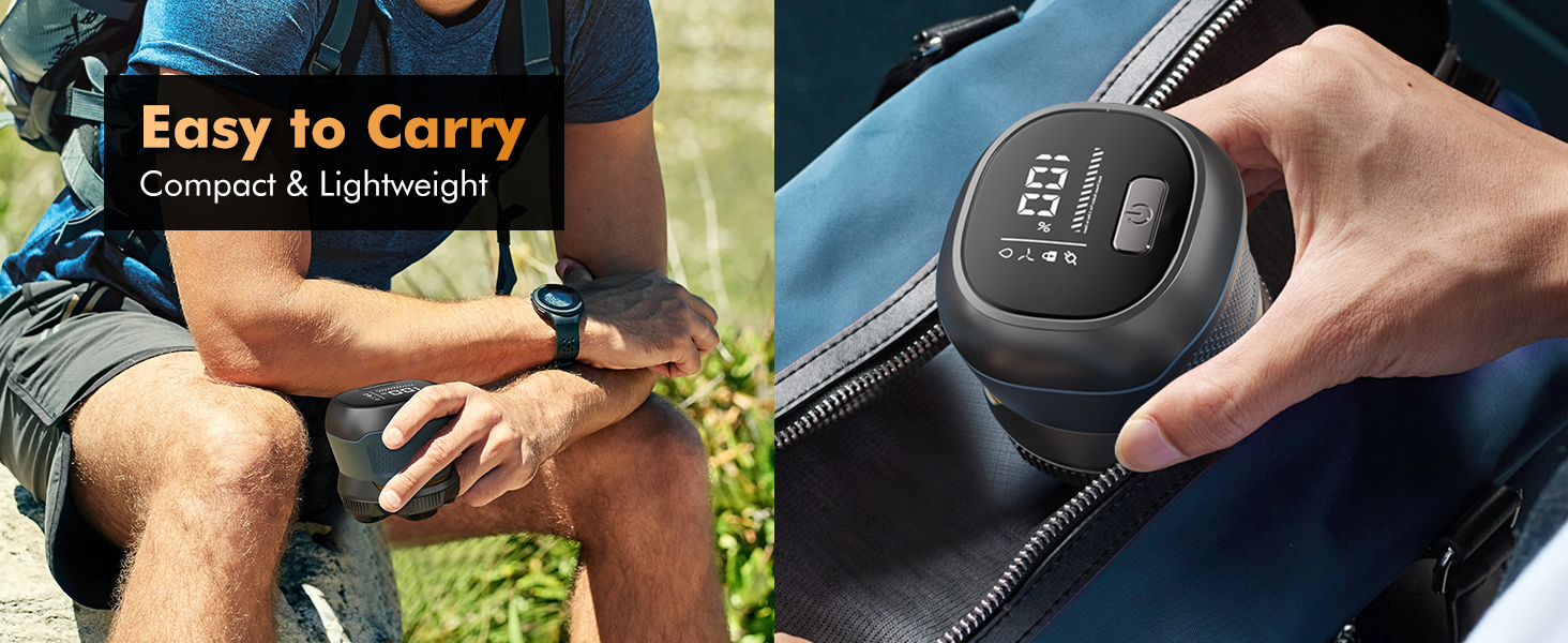 Two panel image showing portable device: left panel outdoors with 'Easy to Carry' text, right panel shows hand adjusting black control dial in car interior.