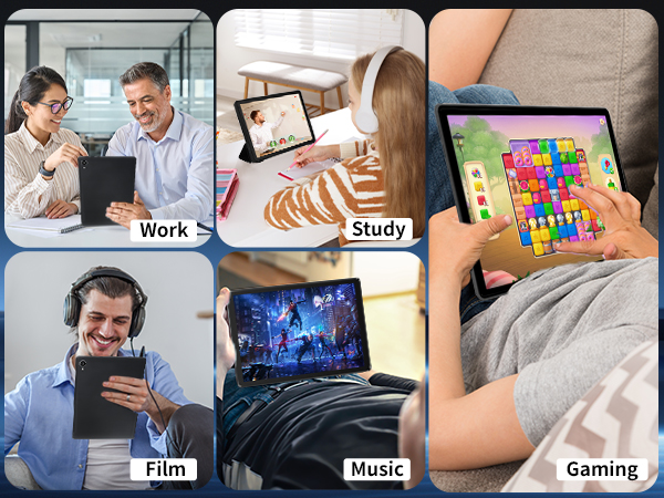 Collage of five images showing people using tablets and laptops for work, study, film watching, music, and gaming activities.