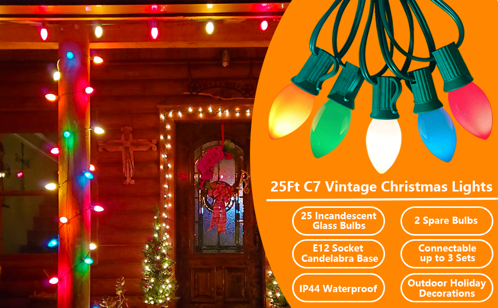 Wxuean C7 Christmas Lights Outdoor, 25Ft Multicolor Christmas String Lights 25 Ceramic Colorful