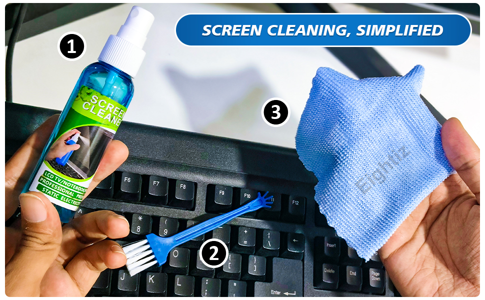 3-in-1 Screen Cleaning Kit with Soft Brush & Cloth | 100ml Spray for Laptop, PC, LCD, Mobile, TV