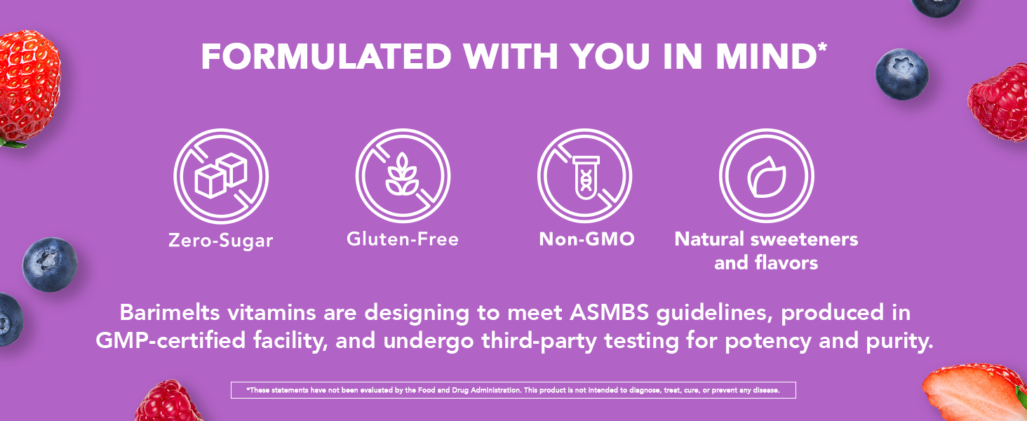 Zero sugar vitamins. Gluten free. Non-GMO. Made with natural sweeteners and flavors. 