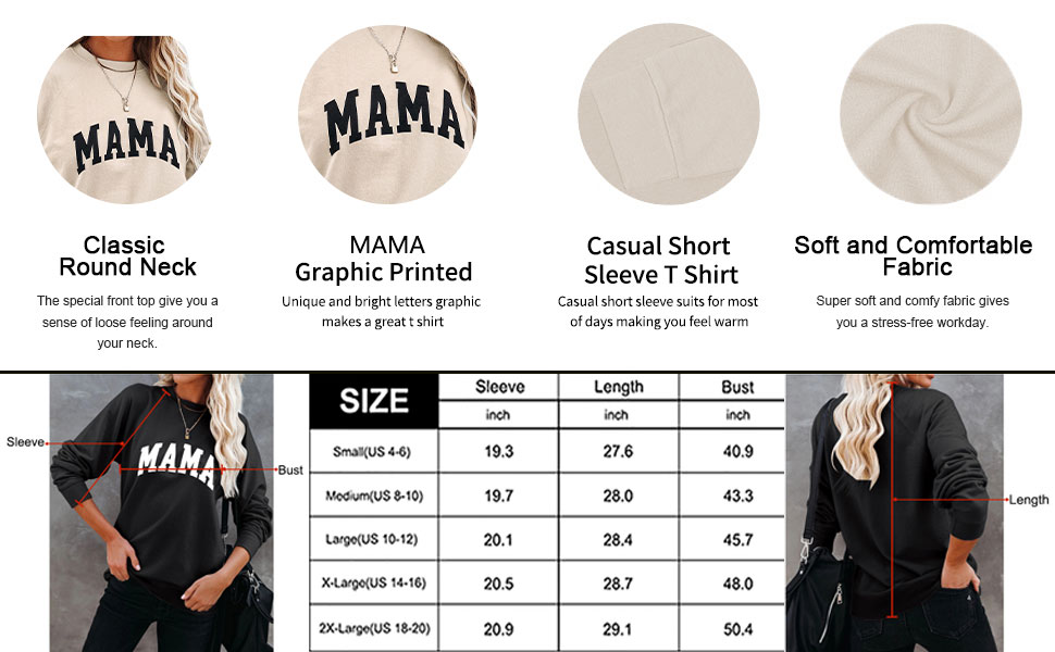 Womens Casual Mama Letter Print T-Shirts Long Sleeve Round Neck Sweatshirts 