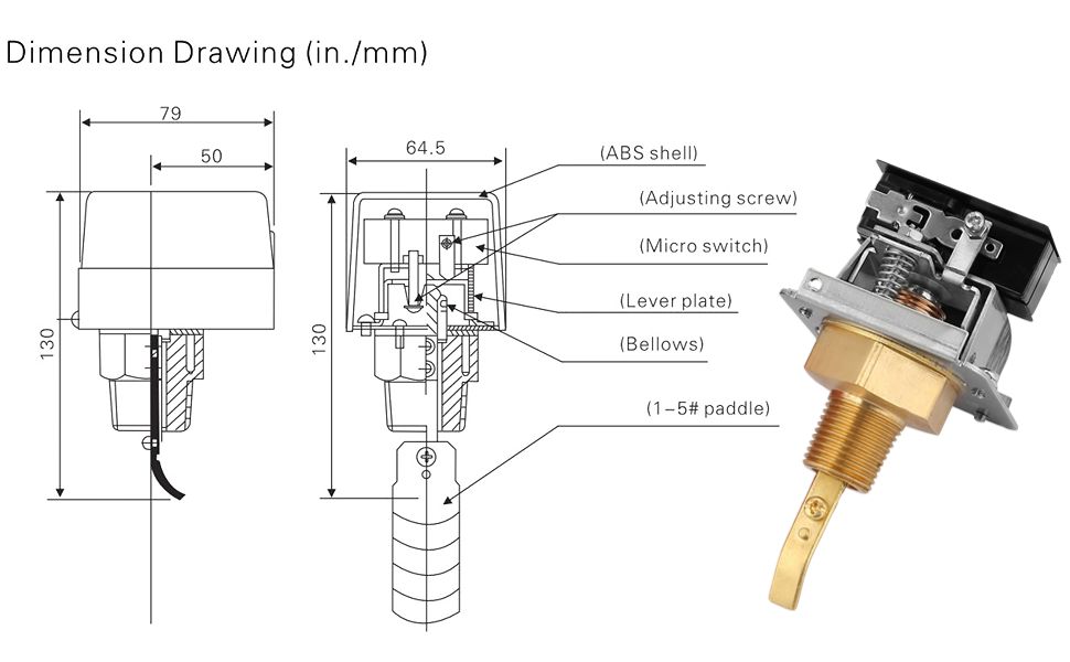 1/2" Water Flow Switch, HFS15 Adjustable Thread Double Throw SPDT