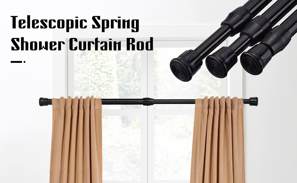 Adjustable Curtain Rod, Black High Carbon Steel Rail Telescopic Spring