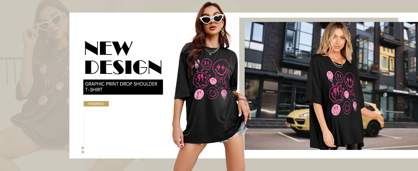 Black t-shirt dress with pink floral print design shown in two promotional photos against urban background. Features 'New Design' text overlay.