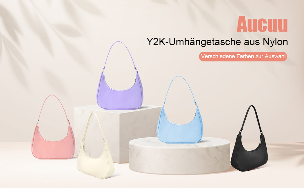 Collection of small hobo-style nylon handbags displayed on gray pedestals, shown in pink, purple, cream, light blue, and black colors.
