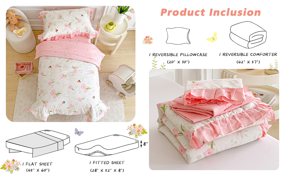 Cotton Toddler Bedding Set with Ruffle Fringe, 4 pc Floral