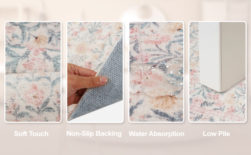 Soft Touch. Non-Slip Backing. Water Absorption. Low Pile