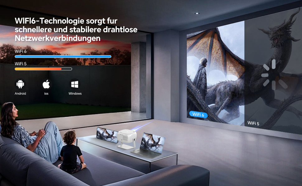 Huiskamerscène met mensen die naar grote schermen kijken met informatie over WiFi-technologie en een afbeelding van een dinosaurus. Vergelijking van de snelheden van WiFi 6 en WiFi 5, grafisch weergegeven